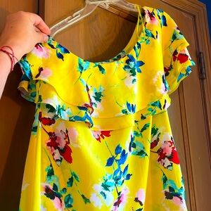 Rose and Olive, small ruffle of-the-shoulder yellow flower print blouse.